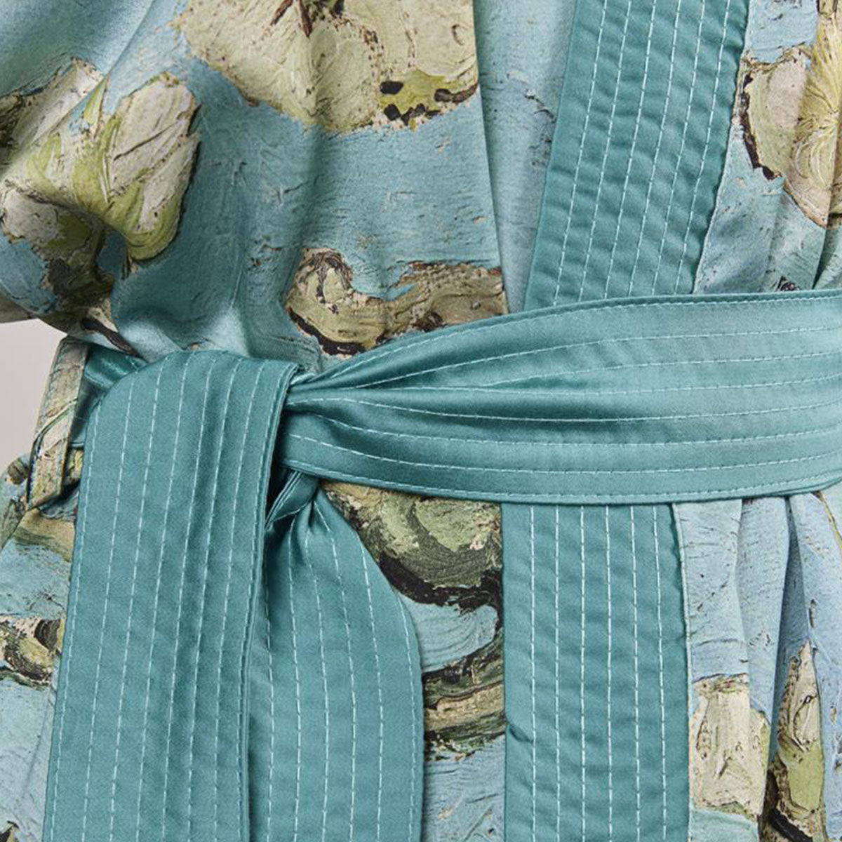 Blue kimono bath robe with Van Gogh Almond Blossoms print