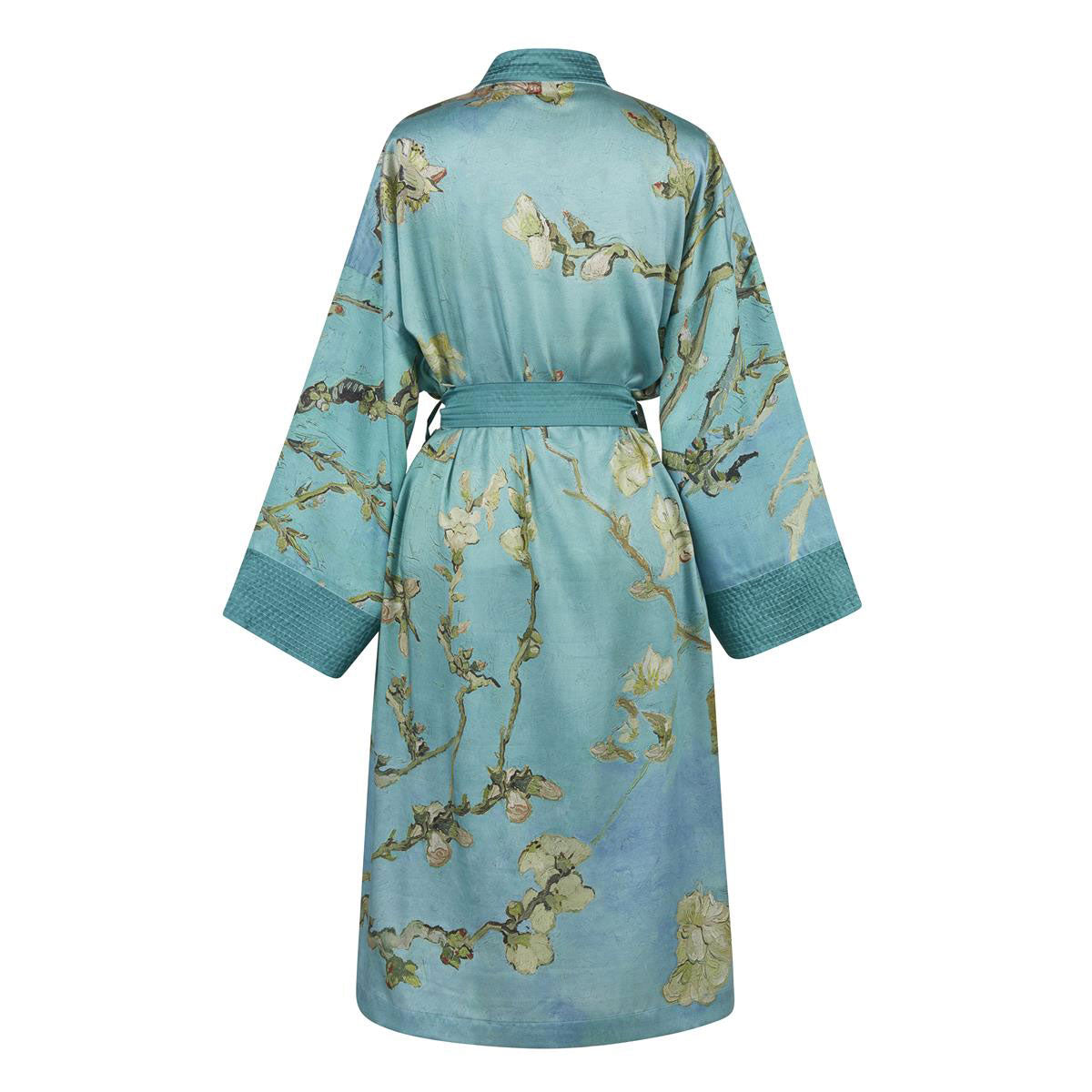 Blue kimono bath robe with Van Gogh Almond Blossoms print