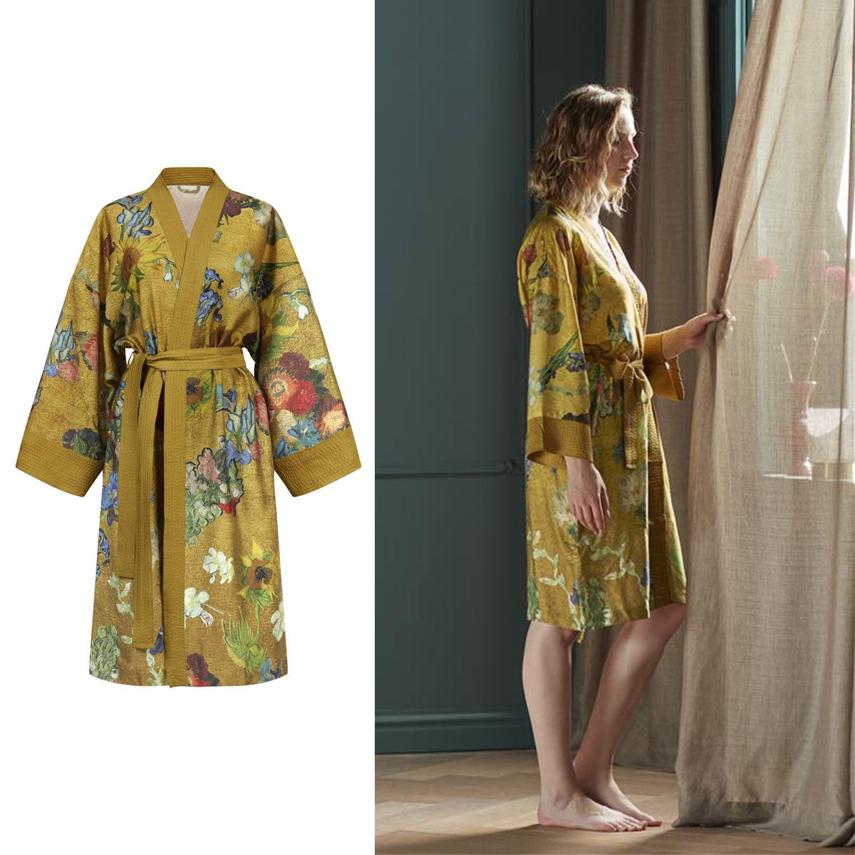 Floral gold kimono bath robe with Van Gogh Partout des Fleurs print