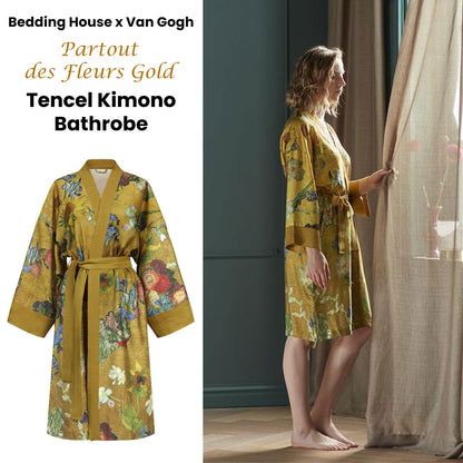 Floral gold kimono bath robe with Van Gogh Partout des Fleurs print