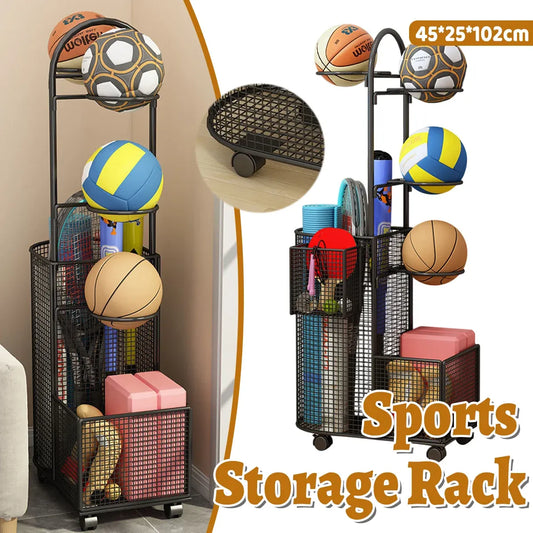 Black metal sports equipment storage rack with mesh baskets and curved bracket