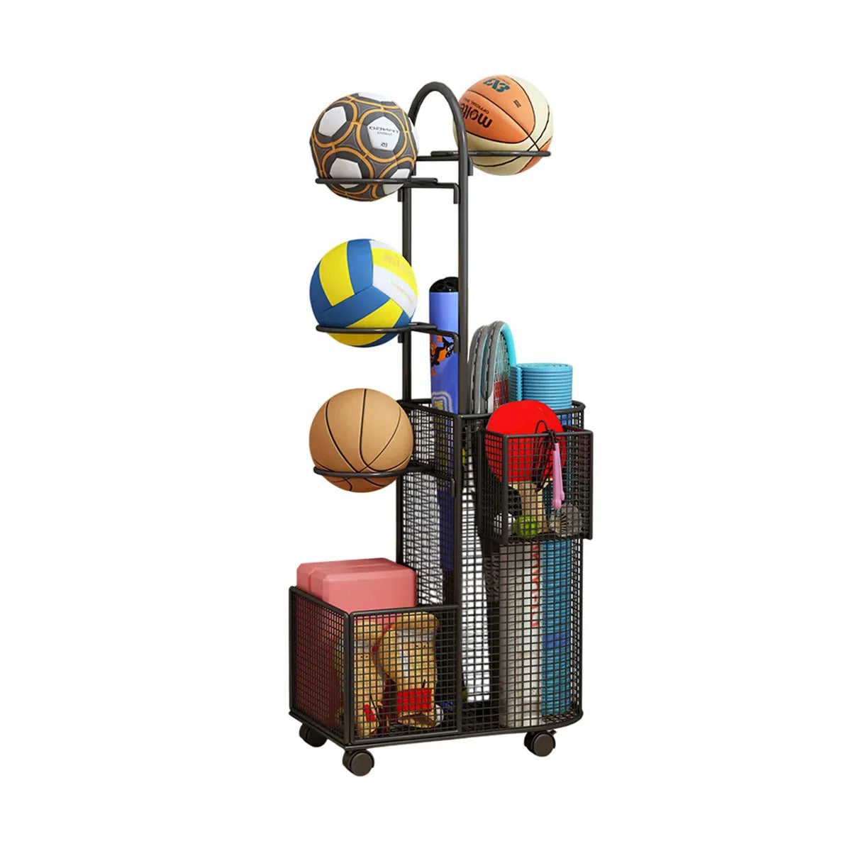 Black metal sports equipment storage rack with mesh baskets and curved bracket