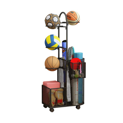 Black metal sports equipment storage rack with mesh baskets and curved bracket