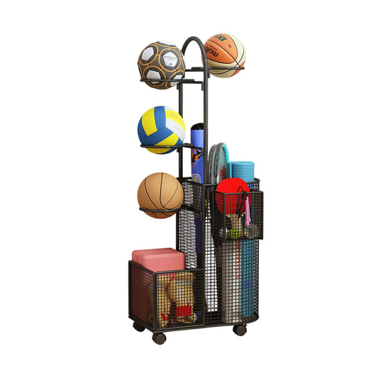 Black metal sports equipment storage rack with mesh baskets and curved bracket