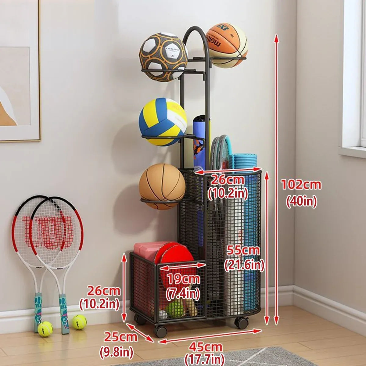 Black metal sports equipment storage rack with mesh baskets and curved bracket