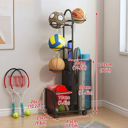 Black metal sports equipment storage rack with mesh baskets and curved bracket