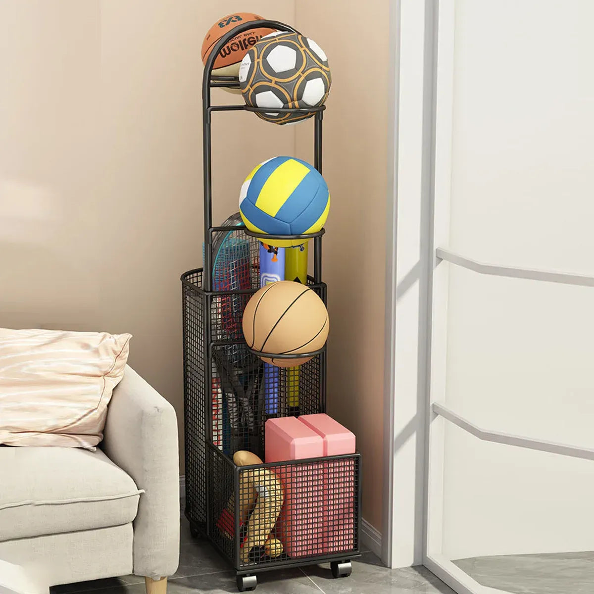 Black metal sports equipment storage rack with mesh baskets and curved bracket