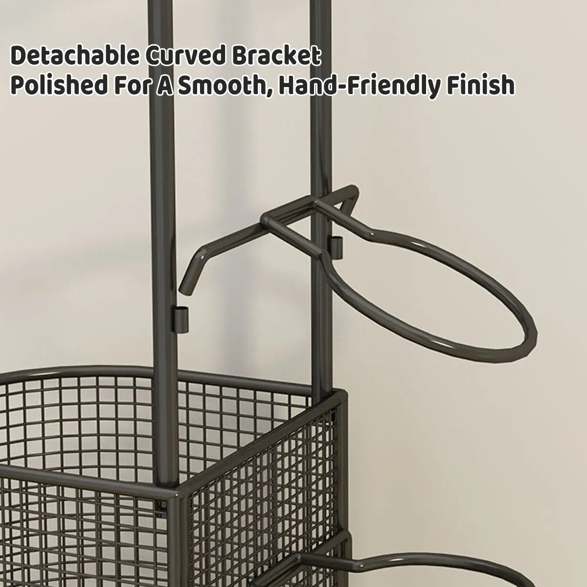 Black metal sports equipment storage rack with mesh baskets and curved bracket