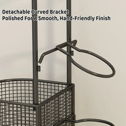 Black metal sports equipment storage rack with mesh baskets and curved bracket