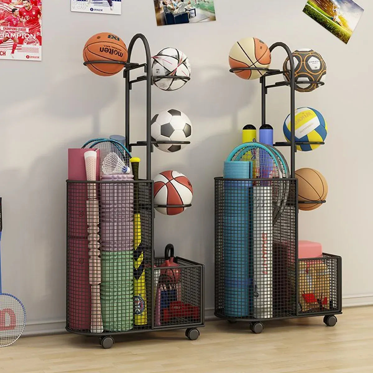 Black metal sports equipment storage rack with mesh baskets and curved bracket
