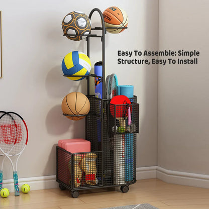 Black metal sports equipment storage rack with mesh baskets and curved bracket