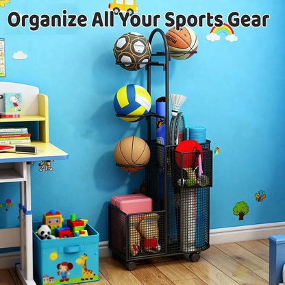 Black metal sports equipment storage rack with mesh baskets and curved bracket