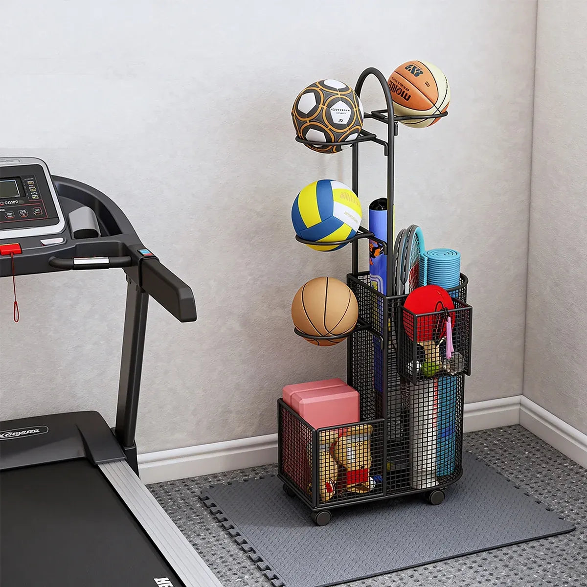 Black metal sports equipment storage rack with mesh baskets and curved bracket