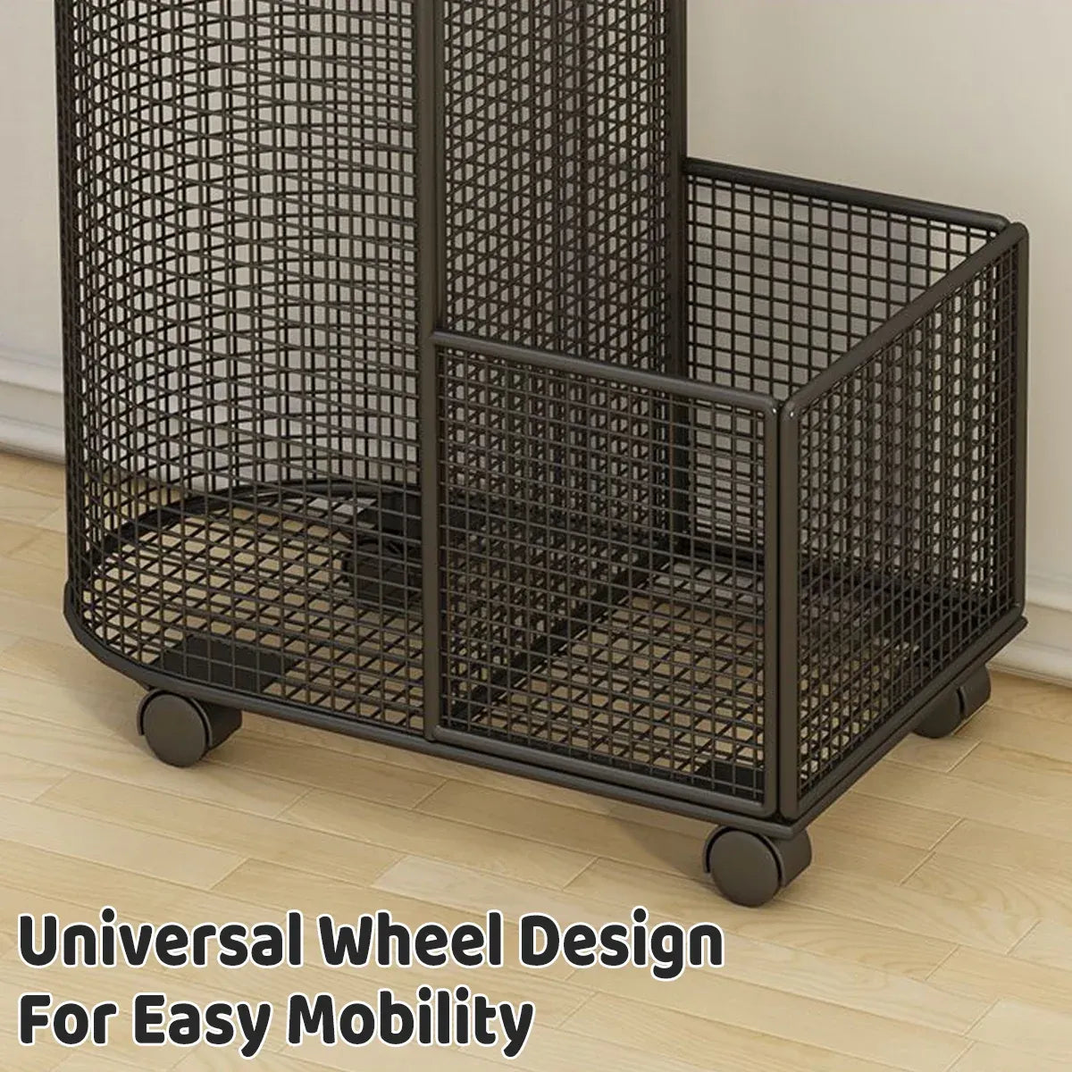 Black metal sports equipment storage rack with mesh baskets and curved bracket