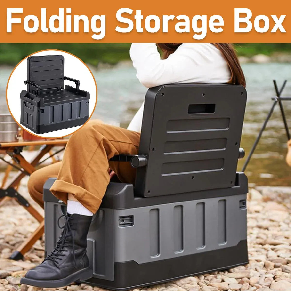 Black and grey folding storage box with seat function and built-in handles