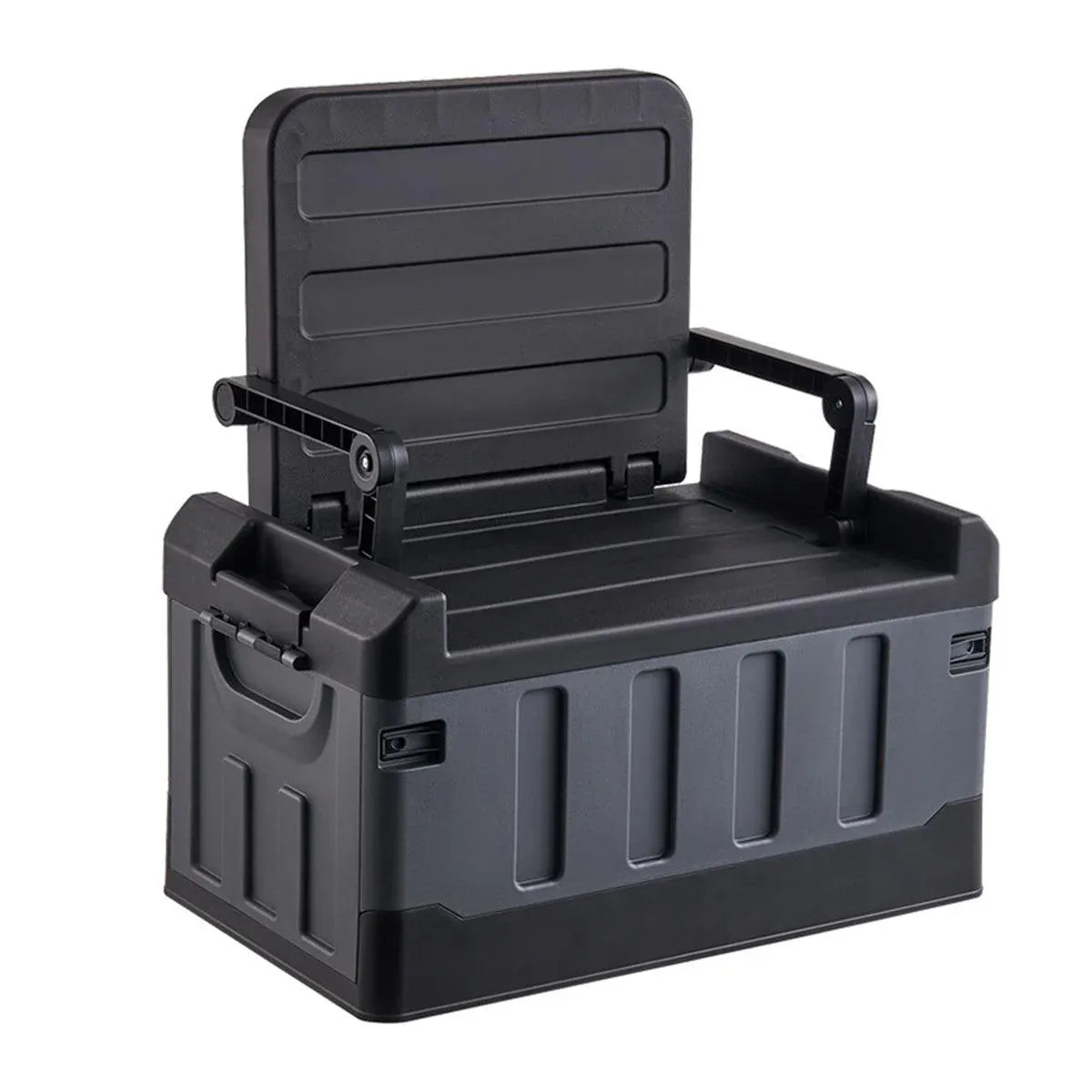 Black and grey folding storage box with seat function and built-in handles