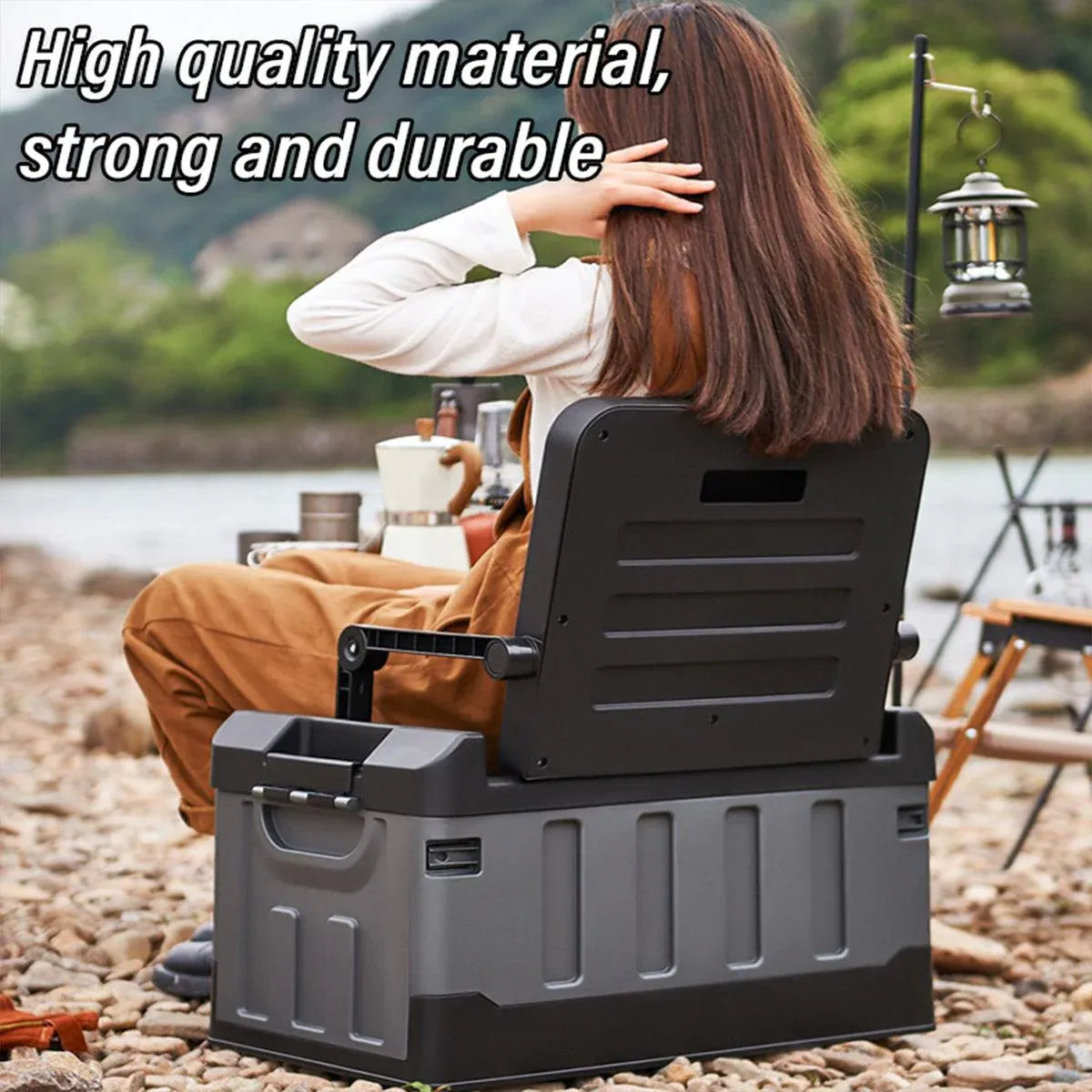 Black and grey folding storage box with seat function and built-in handles