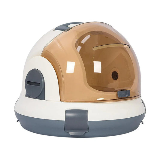 Grey space capsule cat carrier with a clear transparent dome