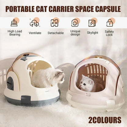 Grey space capsule cat carrier with a clear transparent dome