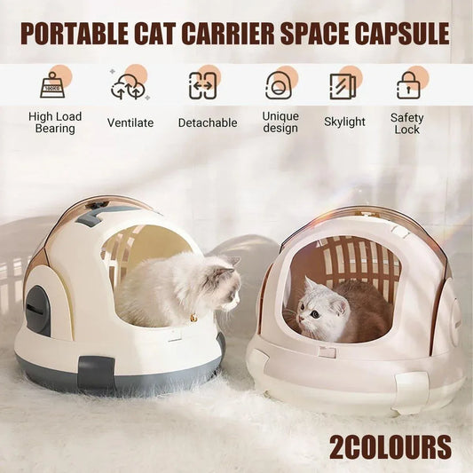 Grey space capsule cat carrier with a clear transparent dome