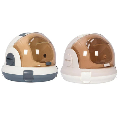 Grey space capsule cat carrier with a clear transparent dome