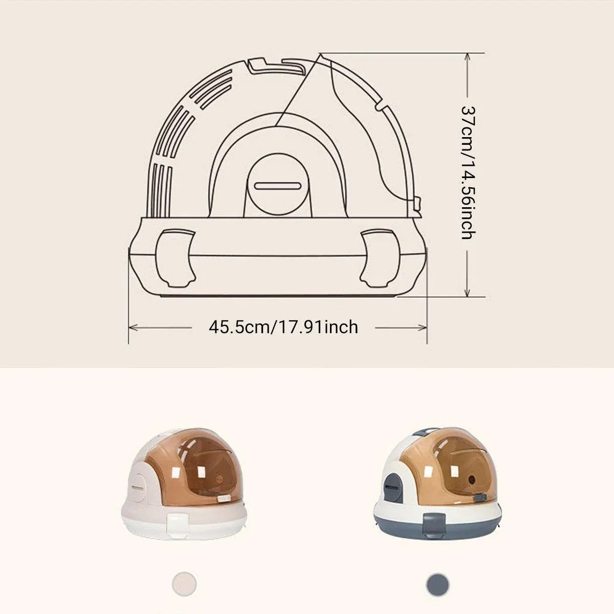 Grey space capsule cat carrier with a clear transparent dome