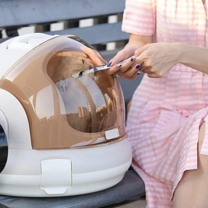 Grey space capsule cat carrier with a clear transparent dome