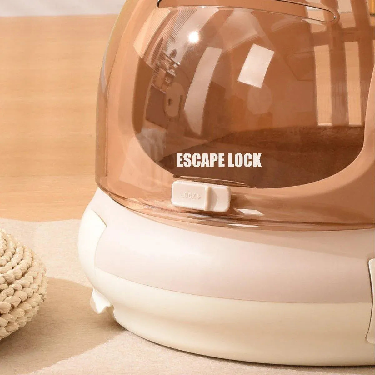 Grey space capsule cat carrier with a clear transparent dome