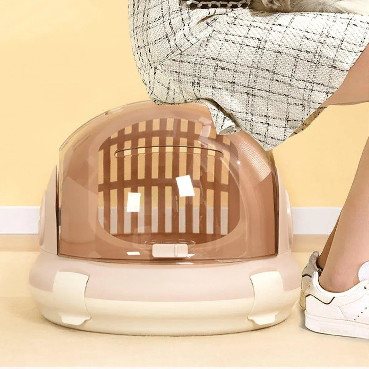 Grey space capsule cat carrier with a clear transparent dome