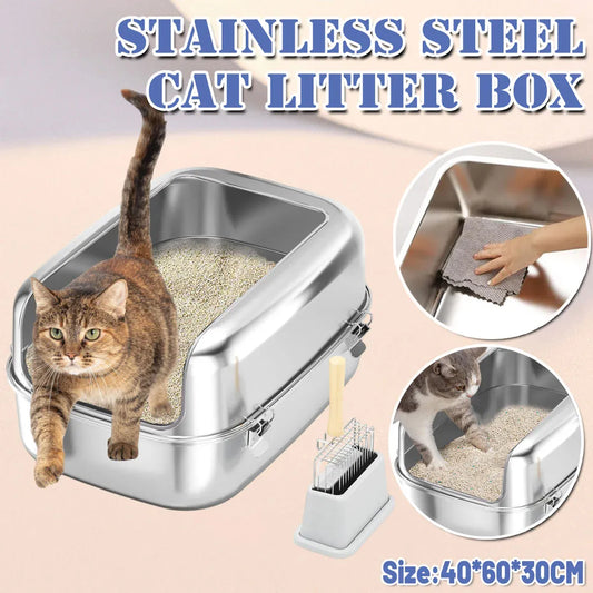 Open silver stainless steel cat litter box with high sides and scooper