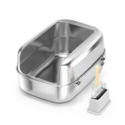Open silver stainless steel cat litter box with high sides and scooper