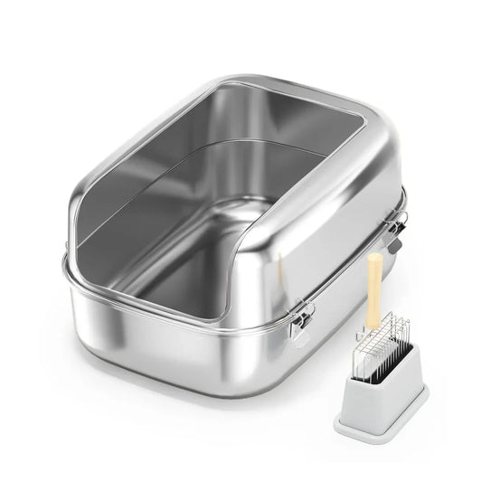 Open silver stainless steel cat litter box with high sides and scooper