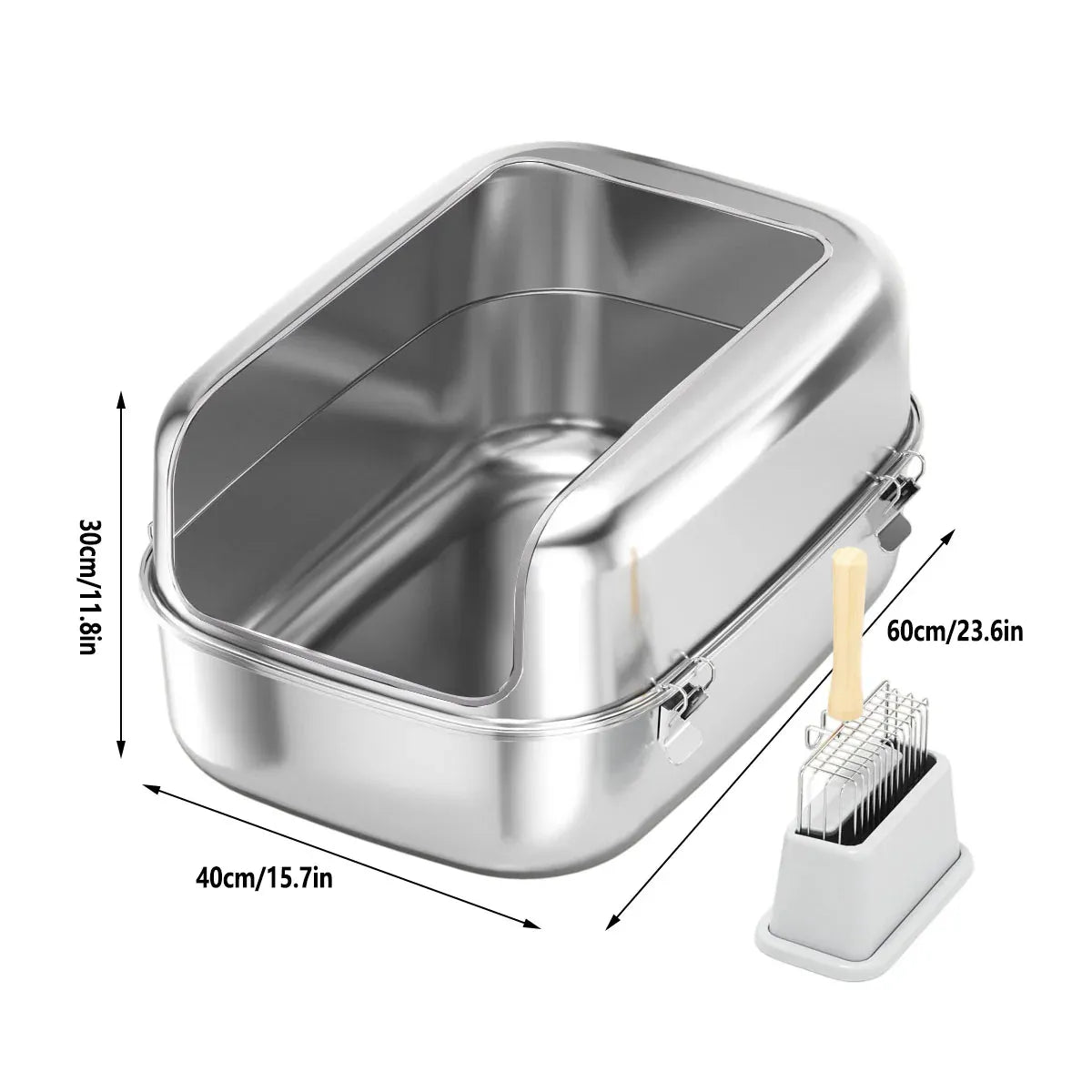 Open silver stainless steel cat litter box with high sides and scooper