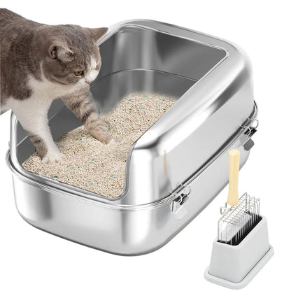 Open silver stainless steel cat litter box with high sides and scooper