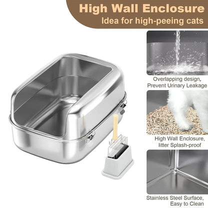 Open silver stainless steel cat litter box with high sides and scooper