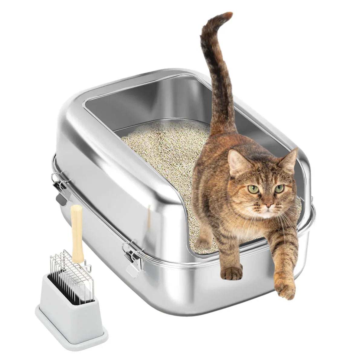 Open silver stainless steel cat litter box with high sides and scooper