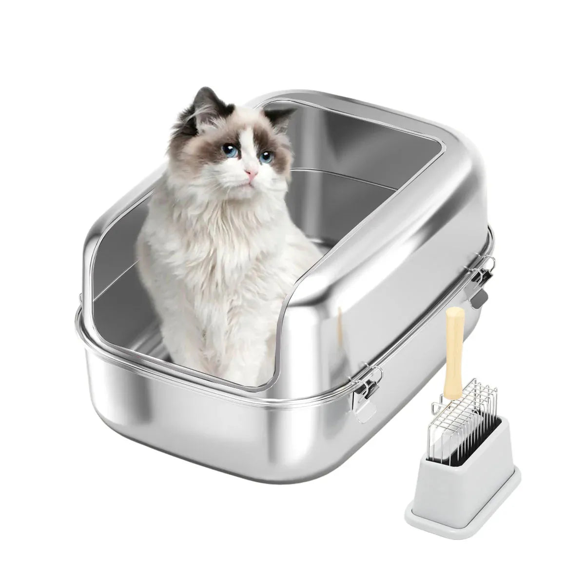 Open silver stainless steel cat litter box with high sides and scooper