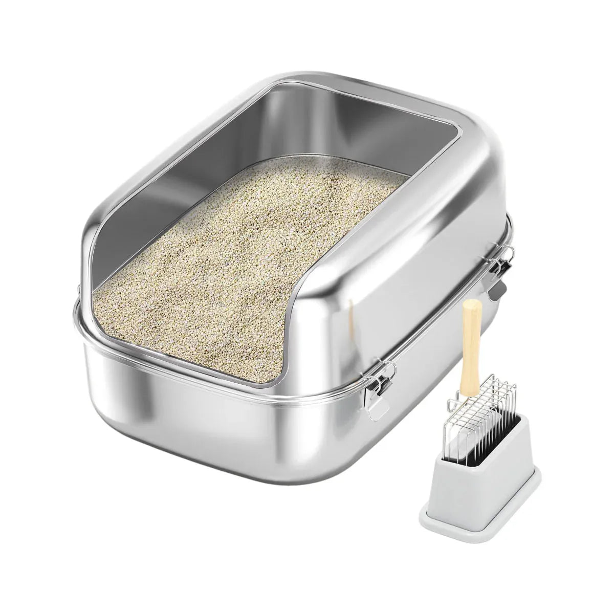 Open silver stainless steel cat litter box with high sides and scooper