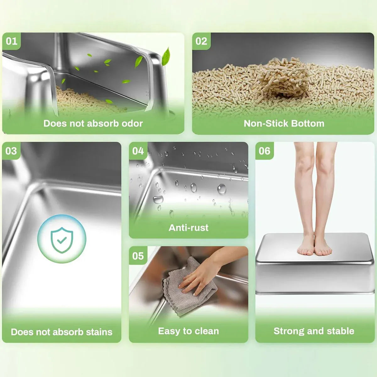 Open silver stainless steel cat litter box with high sides and scooper