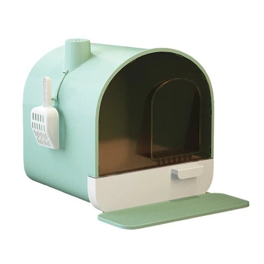Green enclosed cat litter box with pull-out drawer tray and scoop