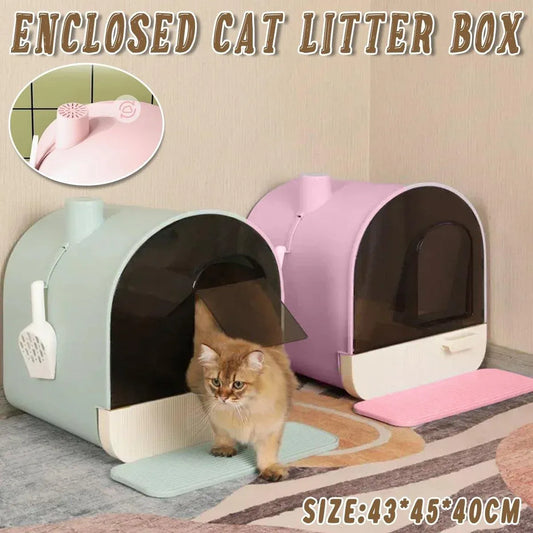 Green enclosed cat litter box with pull-out drawer tray and scoop