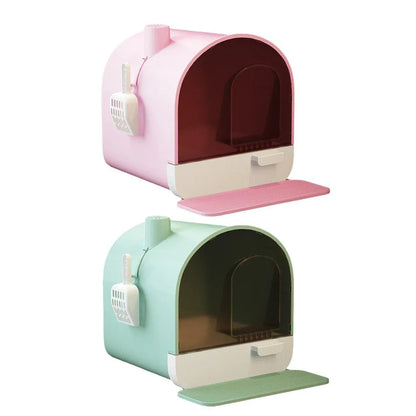 Green enclosed cat litter box with pull-out drawer tray and scoop