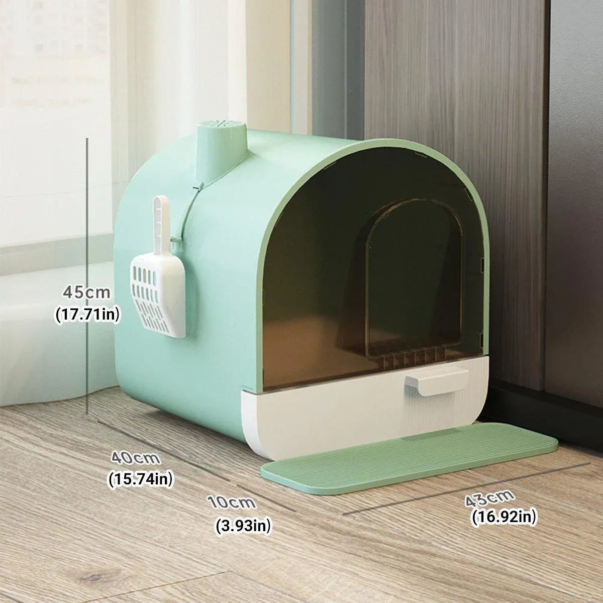 Green enclosed cat litter box with pull-out drawer tray and scoop