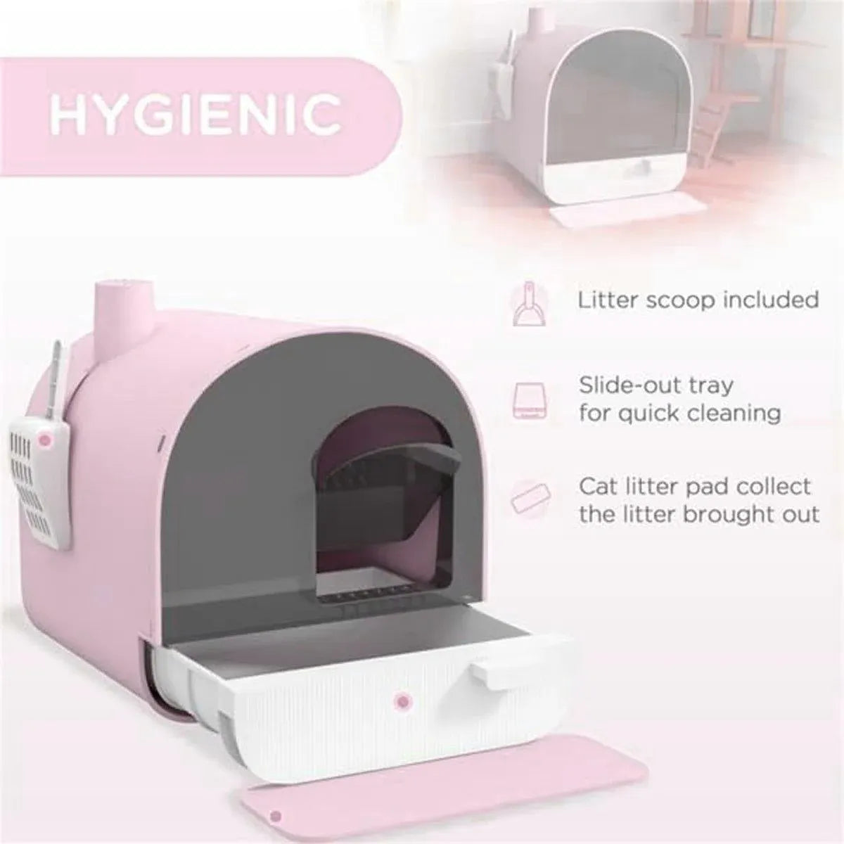 Green enclosed cat litter box with pull-out drawer tray and scoop