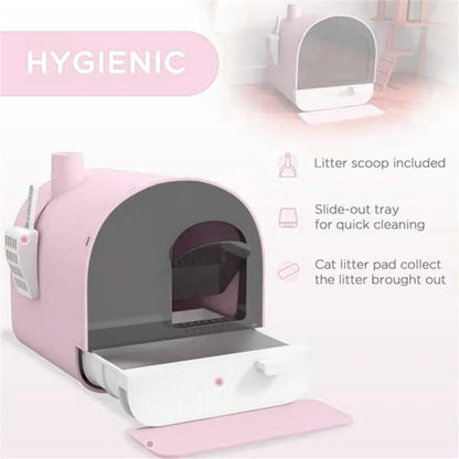 Green enclosed cat litter box with pull-out drawer tray and scoop