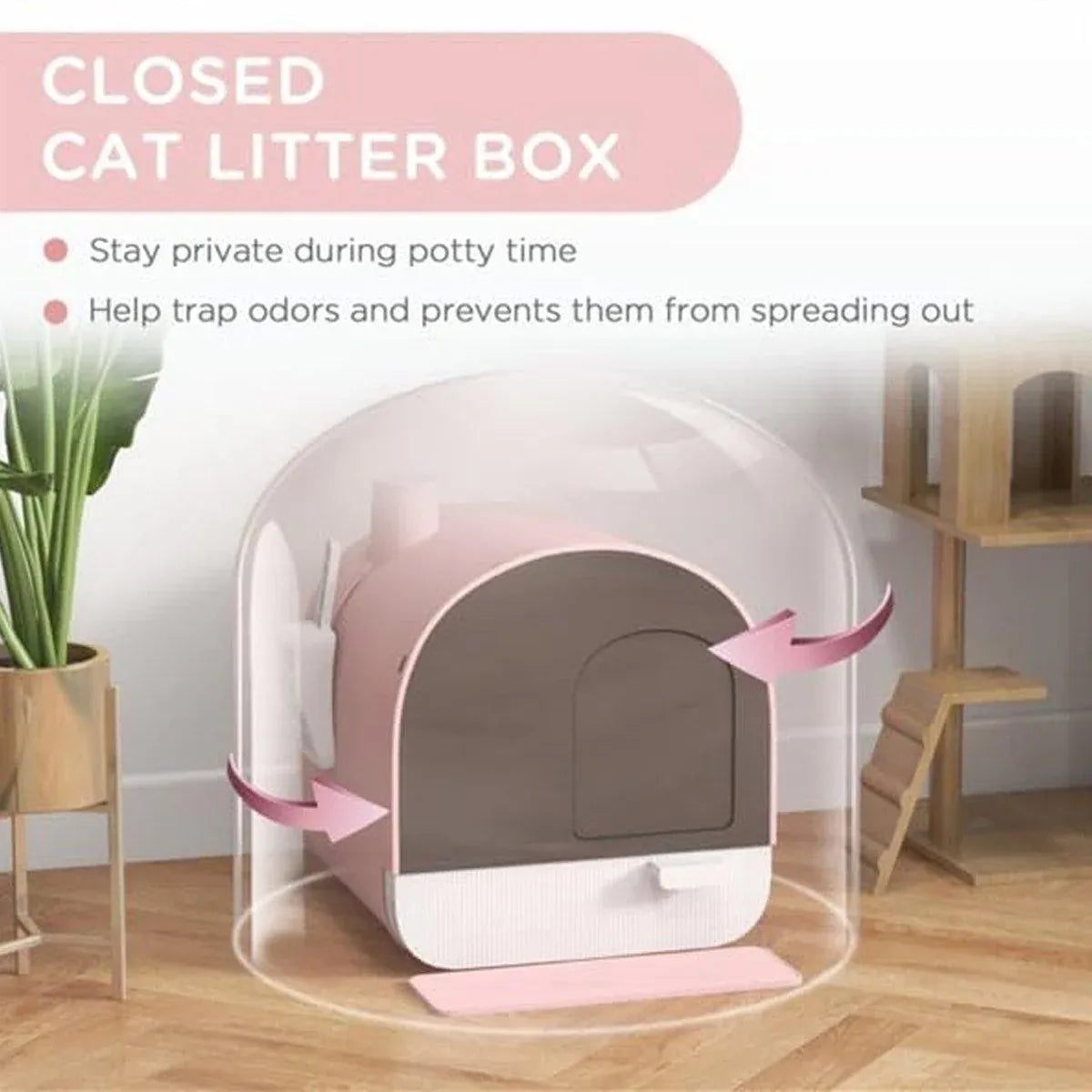 Green enclosed cat litter box with pull-out drawer tray and scoop
