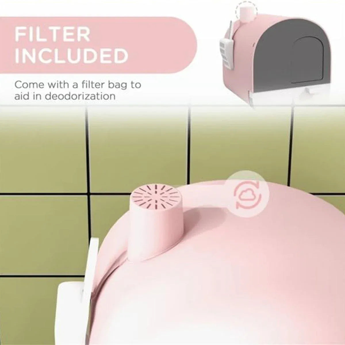 Green enclosed cat litter box with pull-out drawer tray and scoop