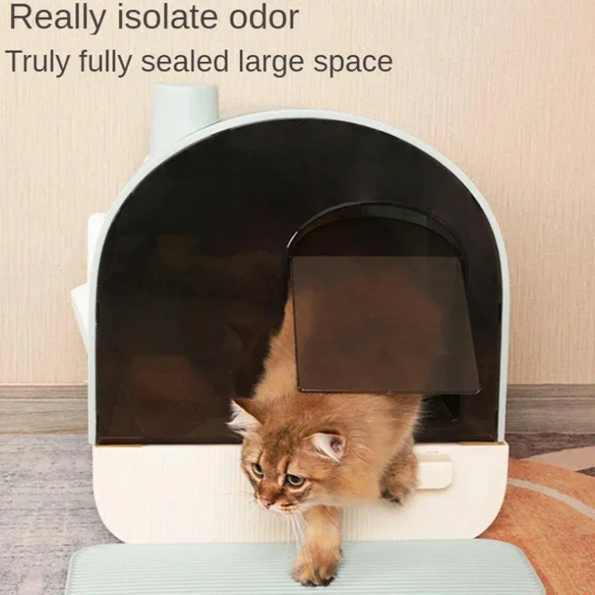 Green enclosed cat litter box with pull-out drawer tray and scoop