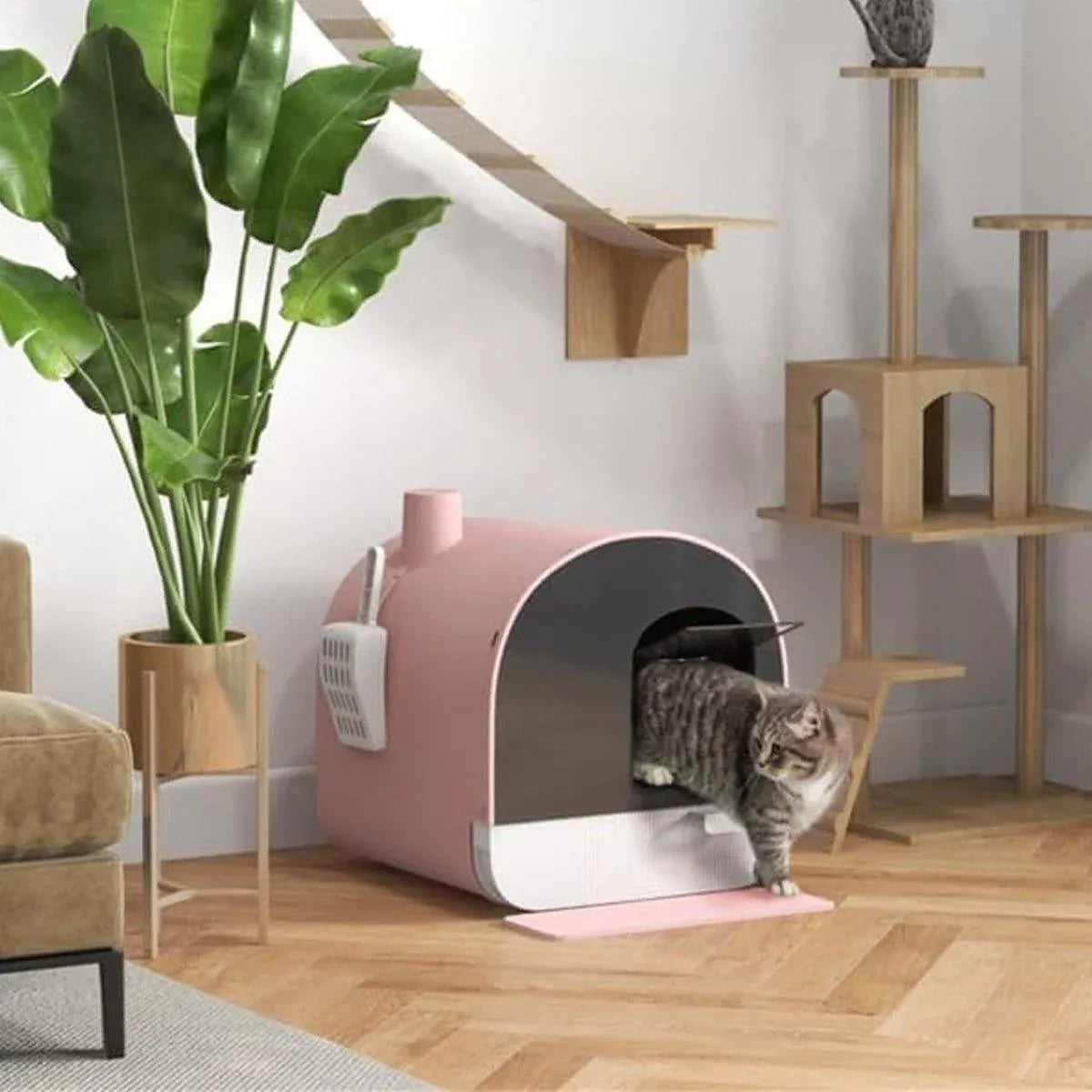 Green enclosed cat litter box with pull-out drawer tray and scoop
