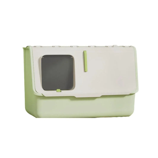Green fully enclosed cat litter box with lid and front opening